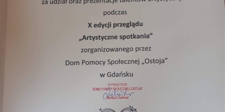 Powiększ grafikę: Zdjęcie przedstawia Dyplom za udział w Artystycznych spotkaniach w DPS Ostoja dla Przedszkola Nr 20.