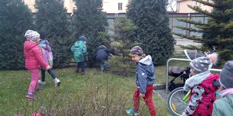 Powiększ grafikę: Dzieci znajdują się w ogrodzie przedszkolnym. Poszukują czekoladowych zajek ukrytych przez wielkanocnego zajączka. 