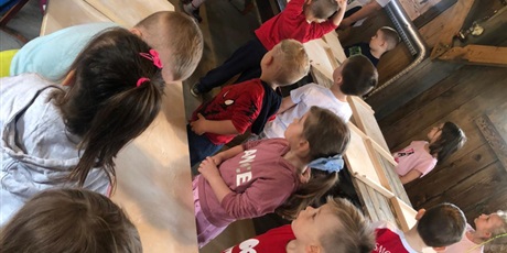 Powiększ grafikę: Dzieci stoją przy stołach, na których są ułożone drewniane stolnice. Za chwilę każde z nich będzie samodzielnie wyrabiać ciasto na pszenne bułeczki.